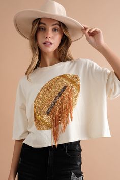 EMBELLISHED SEQUIN FOOTBALL FRINGE CROP T-SHIRT Cropped Tees, Fringe Tshirt, Ball Pattern, Graphic Crop Top, Crop T Shirt, Cropped Tee, Jeans Size Chart, Tall Women, Dress Size Chart