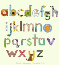 the letters are made up of different types of animals and letters that appear to be english