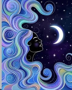 a woman's face with swirls and stars in the background