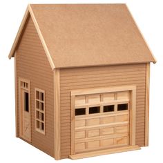 a wooden model of a garage with two windows