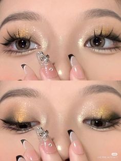 Christmas Eyeshadow Looks, Christmas Eyeshadow, Gold Makeup Looks, Christmas Eye Makeup, Asian Makeup Looks, Gold Eye Makeup, Douyin Makeup, Girl Eyes