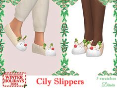 an image of christmas slippers with holly decorations on the bottom and feet in white