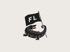 an alligator holding a flag with the word fl in it's mouth, on a gray background