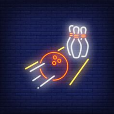 bowling pins and ball neon sign on brick wall background with light effect, bright colors