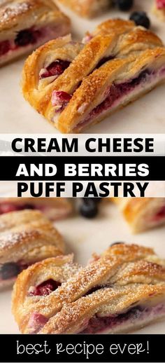 two pictures with the words cream cheese and berries puff pastry on them, one is cut in half