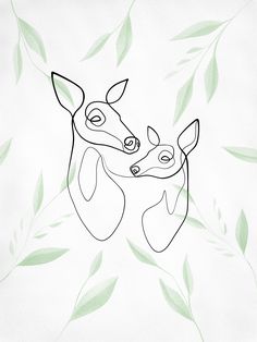 a black and white drawing of a deer with green leaves on it's back