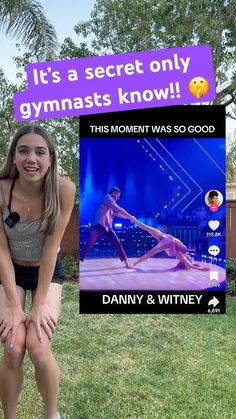 a woman sitting on the ground in front of a sign that says it's a secret only gymnastics know