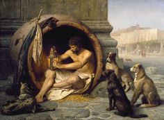 a painting of a man sitting in a cave surrounded by dogs