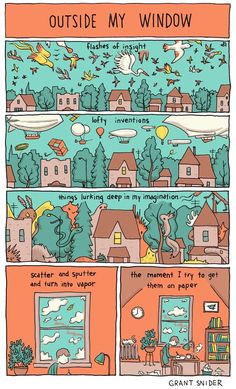 an illustrated comic strip with the words outside my window