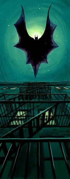 a painting of a bat flying in the sky above some buildings at night with bright lights