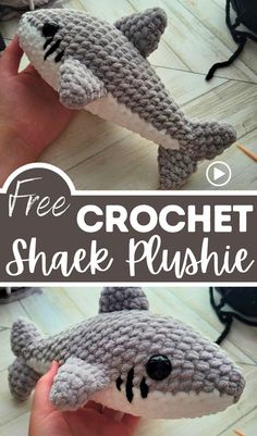 a crocheted shark plushie is shown with the words free crochet shark plushie