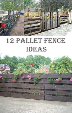 some wooden pallets with flowers in them and the words 12 pallet fence ideas