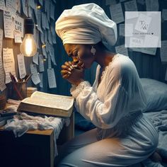 a woman sitting at a desk in front of a book and lamp with notes on the wall behind her