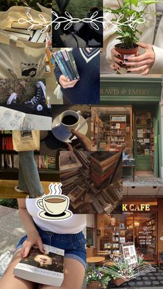 the collage has many different pictures including coffee and books