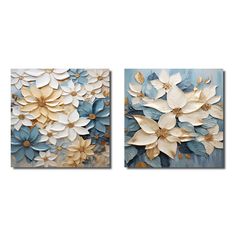 two pieces of art with flowers painted on the side of them, one is gold and the other is blue