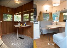 before and after photos of a kitchen remodel with wood paneling on the walls