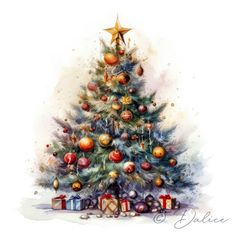 a watercolor painting of a christmas tree with presents