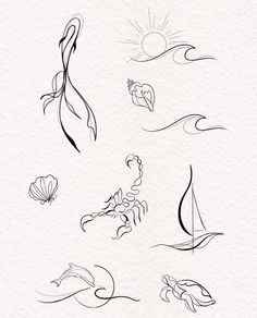 some drawings that are on the side of a sheet of paper with water and sea animals