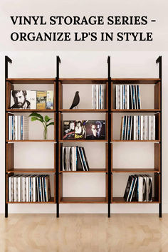 a book shelf filled with books on top of a hard wood floor