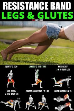 an advertisement for resistance band legs and glutes, showing the different positions to do