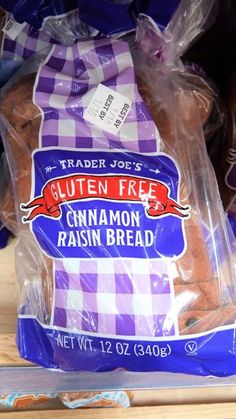 there is a bag of cinnamon raisin bread on the shelf