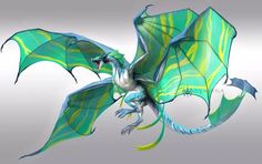 a green and blue dragon flying through the air