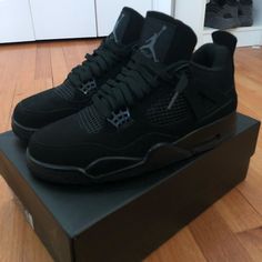 Jordan Retro 4 Black Cat, Adidas Shoes Outfit, Jordan Retro 4, Trendy Shoes Sneakers, Nike Shoes Girls, Nike Fashion Shoes, Jordan Shoes Girls