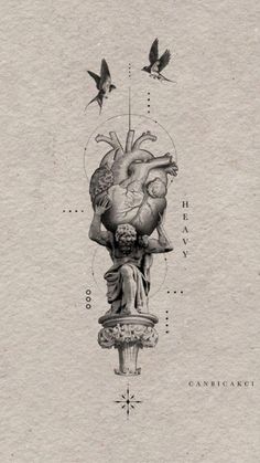 a drawing of a human heart on top of a statue with two birds flying around it