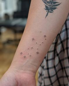 a person's arm with stars on it and a small bird flying in the sky