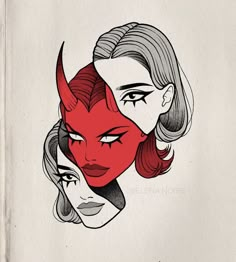 an illustration of two women with horns on their heads, one is red and the other is black