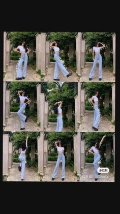 the woman is doing different poses in front of some stone pillars and trees with her hands on her head