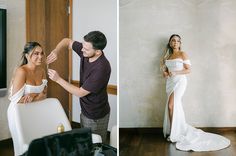 a man helping a woman put on her wedding dress