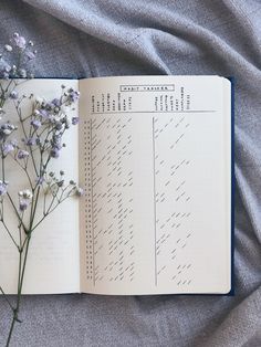 an open book sitting on top of a bed next to a bunch of purple flowers