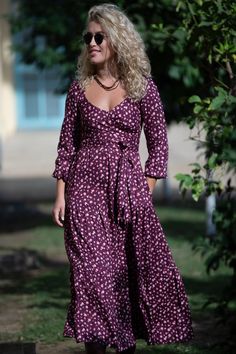 "Women's Fit and Flare Plum Maxi Dress with Long Sleeves, Floral Bohemian Winter Wrap Maxi Dress, Urban Day Puffed Sleeves Tiered Maxi Dress This is Diana Dress, a new design for this Winter! It has a wrap part at the bust, that complements the body amazingly, it has an elastic band in the back to fit your size perfectly. An abundance of fabric makes a beautiful flow as you walk... It will easily fit different body types, shapes, and sizes and can be great for day/evening. The Dress is made of R Diana Dress, Bohemian Winter, Maxi Dress With Long Sleeves, Puffed Long Sleeves, Boho Winter, Winter Wrap, Western Outfits Women, Wrap Maxi Dress, Dress With Long Sleeves