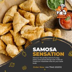 an advertisement for samosa is shown on a plate with dipping sauces in the background