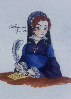 a drawing of a woman sitting at a table with a pen and paper in her hand