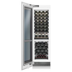 an open refrigerator with wine bottles in it