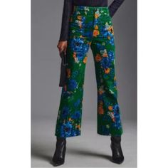 Colette Cropped Velvet Wide-Leg Pants By Maeve Velvet Fabric With Floral Design; Front-Patch Pockets Zip And Button Front; Back-Patch Pockets; 2%Elastane 98% Cotton **Brand New** Smoke Free/Pet Free Home Dimensions Standard: 12.25" Rise 26" Inseam 10.75" Leg Opening Petite: 11.75" Rise 10.75" Inseam 10.75" Leg Opening Plus: 12" Rise 25" Inseam 12" Leg Opening Tall: 12.875" Rise 29" Inseam 10.5" Leg Opening Floral Pants Outfit Work, Green Floral Print Straight Leg Bottoms, Green Floral Print Bottoms For Work, Green Wide-leg Jeans For Spring, Floral Print Straight Leg Bottoms For Workwear, Floral Print Straight Leg Work Bottoms, Fitted Green Wide-leg Jeans, Green Wide-leg Workwear Jeans, Green Wide-leg Jeans For Workwear