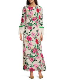 Lilly Pulitzer Nathalia Printed Silk Crew Neck 3/4 Sleeve Faux Feather Trim Maxi Dress | Dillard's Casual Wedding Guest Dresses, Fashion Embroidery, Feather Trim, Daytime Dresses, Maxi Dress Wedding, Sleeveless Shift Dress, Maxi Dresses Casual, Printed Silk, Dillard's