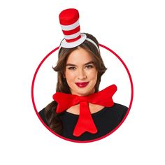 a woman wearing a red and white cat in the hat wig with a bow around her neck