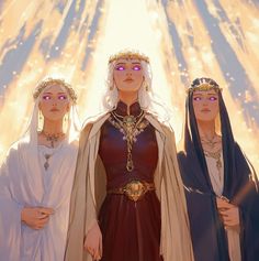 three women dressed in medieval clothing standing next to each other with bright lights behind them