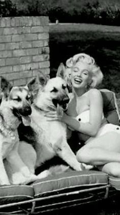 a woman is sitting on a couch with four dogs in front of her and smiling