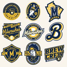 six different logos for the milwaukee brewers and brewers baseball teams, all in yellow and blue