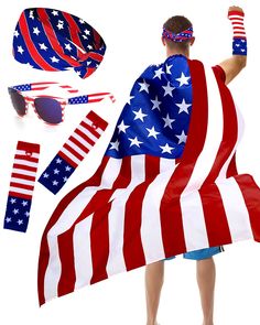 PRICES MAY VARY. American Flag Suit: The Independence Day suit includes 1* patriotic headband, 1* American flag cape, 1* flag Sunglasses, and 1* striped gloves. Stylish and popular American flag suits in bright patriotic colors will make you shine at Independence Day parties and events!1 Premium Material: Made of premium polyester, the American Flag cape is lightweight and easy to pack so you can carry it in your bag wherever you go. Headband made of spandex, wear-resistant and quick-drying; Sun Usa Football Theme Outfit, American Flag Suit, American Themed Outfit, Usa Costume, Patriotic Costumes, American Flag Bandana, Patriotic Headband, American Flag Clothes, Patriotic Accessories