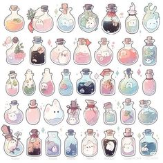 an assortment of bottles filled with different types of liquid and animals in them on a white background