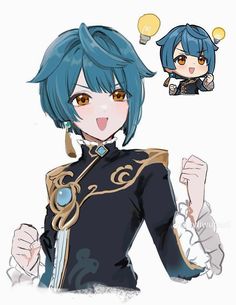 an anime character with blue hair and brown eyes, wearing a black outfit that has gold accents