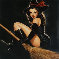 a painting of a woman dressed as a witch sitting on a broom with her legs crossed