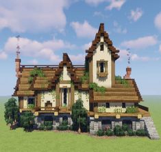 a large house with lots of windows and plants on the roof is shown in minecraft