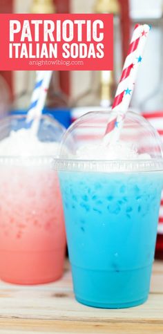 two drinks in plastic cups with straws on the top and one is red, white and blue