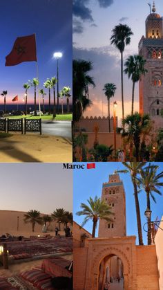 four different pictures with palm trees and a clock tower in the middle one has a red flag on it